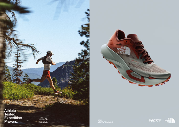 Split image: trail runner on a mountain path amid pine trees (left) and a floating The North Face VECTIV Enduris 4 trail running shoe (right)