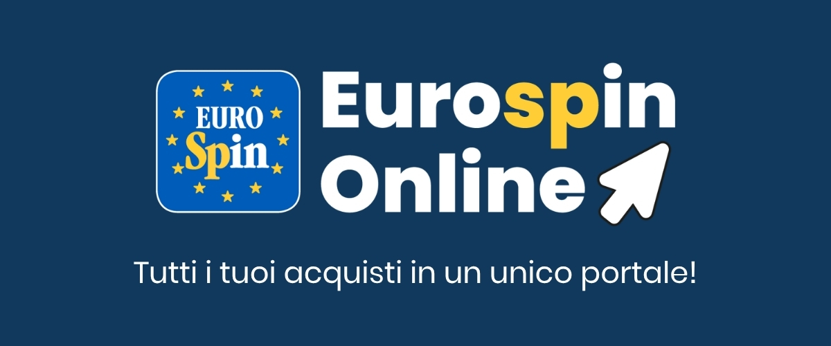 Eurospin Online logo with cursor icon and Italian tagline 'Tutti i tuoi acquisti in un unico portale!' indicating a unified shopping portal