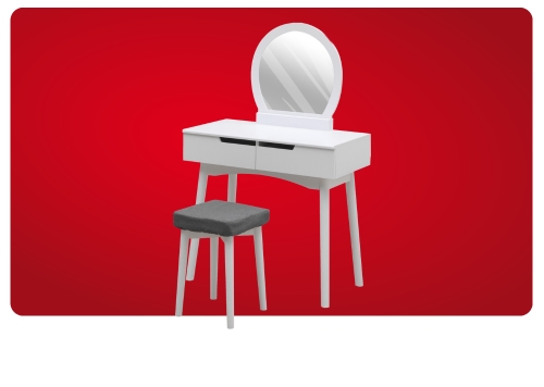 White modern dressing table with round mirror and grey upholstered stool on red background – makeup vanity set