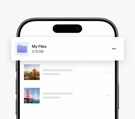 Un telefono cellulare che mostra una cartella &laquo;I miei file&raquo; contenente 279 GB di dati, con le miniature di una pagoda giapponese e del Golden Gate Bridge visibili.