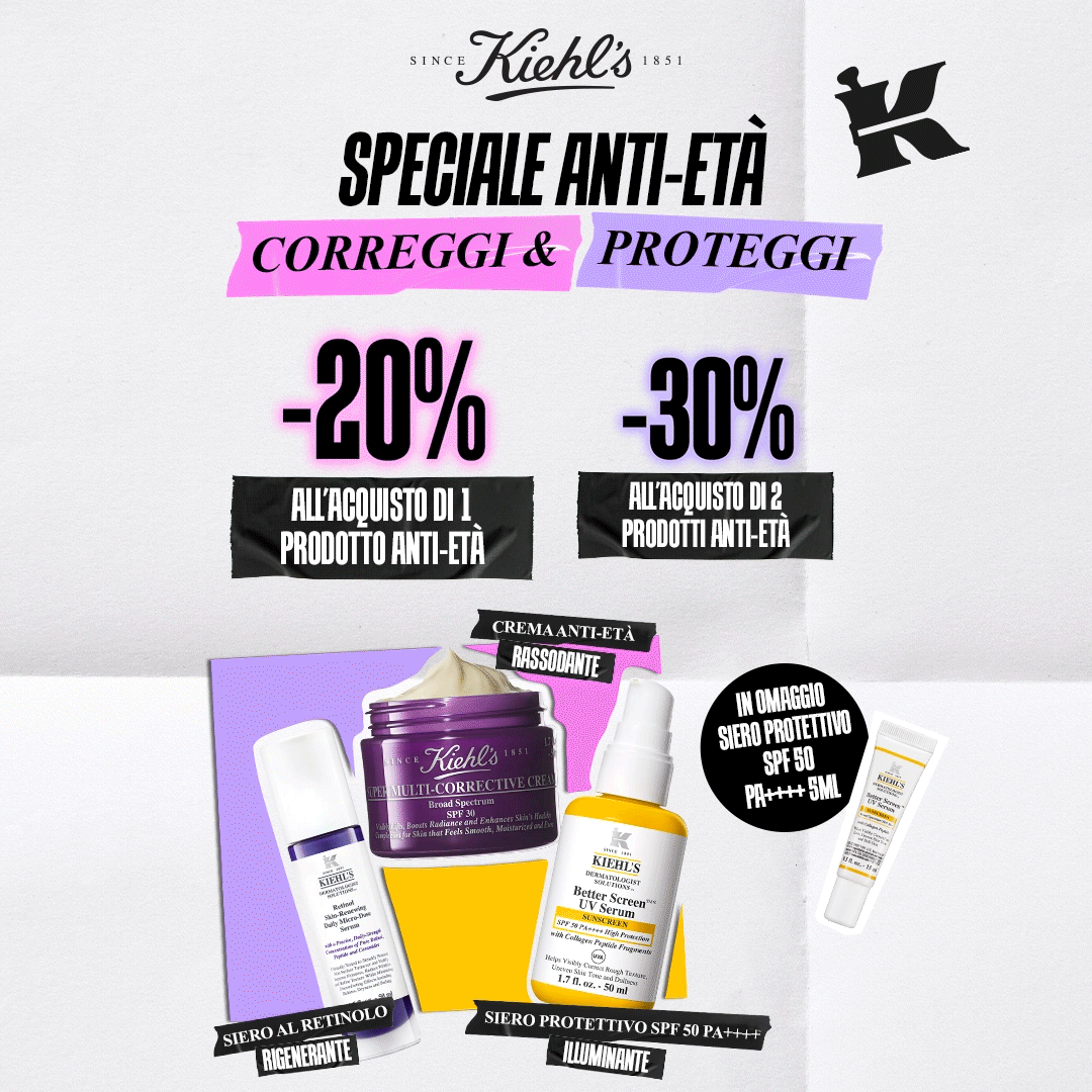 Speciale Anti-Et&agrave; Kiehl's: Correggi & Proteggi. -20% sull'acquisto di 1 prodotto anti-et&agrave;, -30% su 2. In omaggio il siero protettivo SPF 50 PA++++ da 5ml.