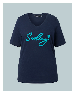 T-shirt classica con scritta Sailing, scollo a V, mezze maniche