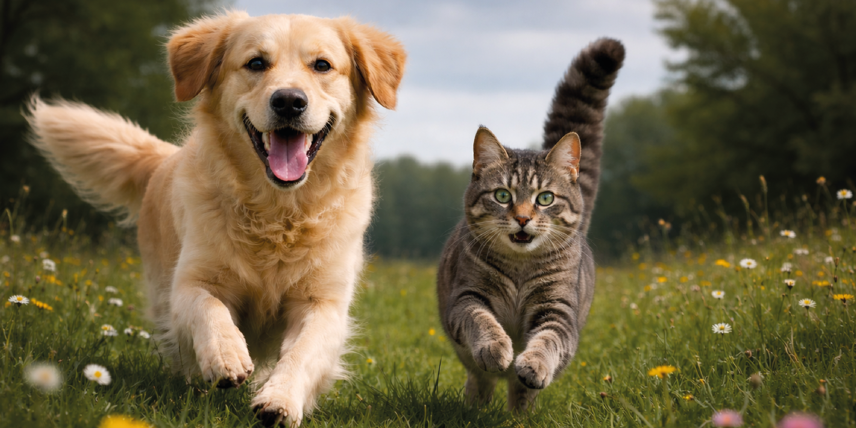 Golden retriever and tabby cat running together through a wildflower meadow under a cloudy sky