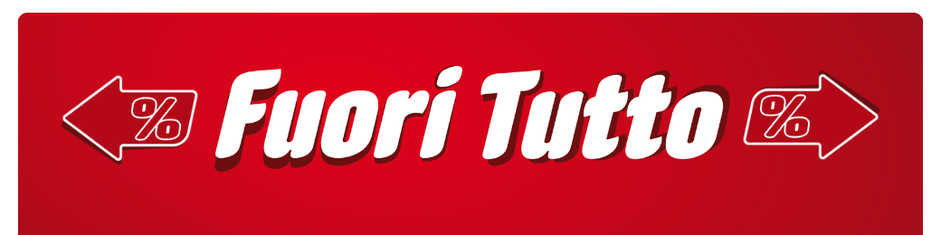 Red sale banner reading 'Fuori Tutto' with percent symbols in left and right arrows, indicating a clearance sale