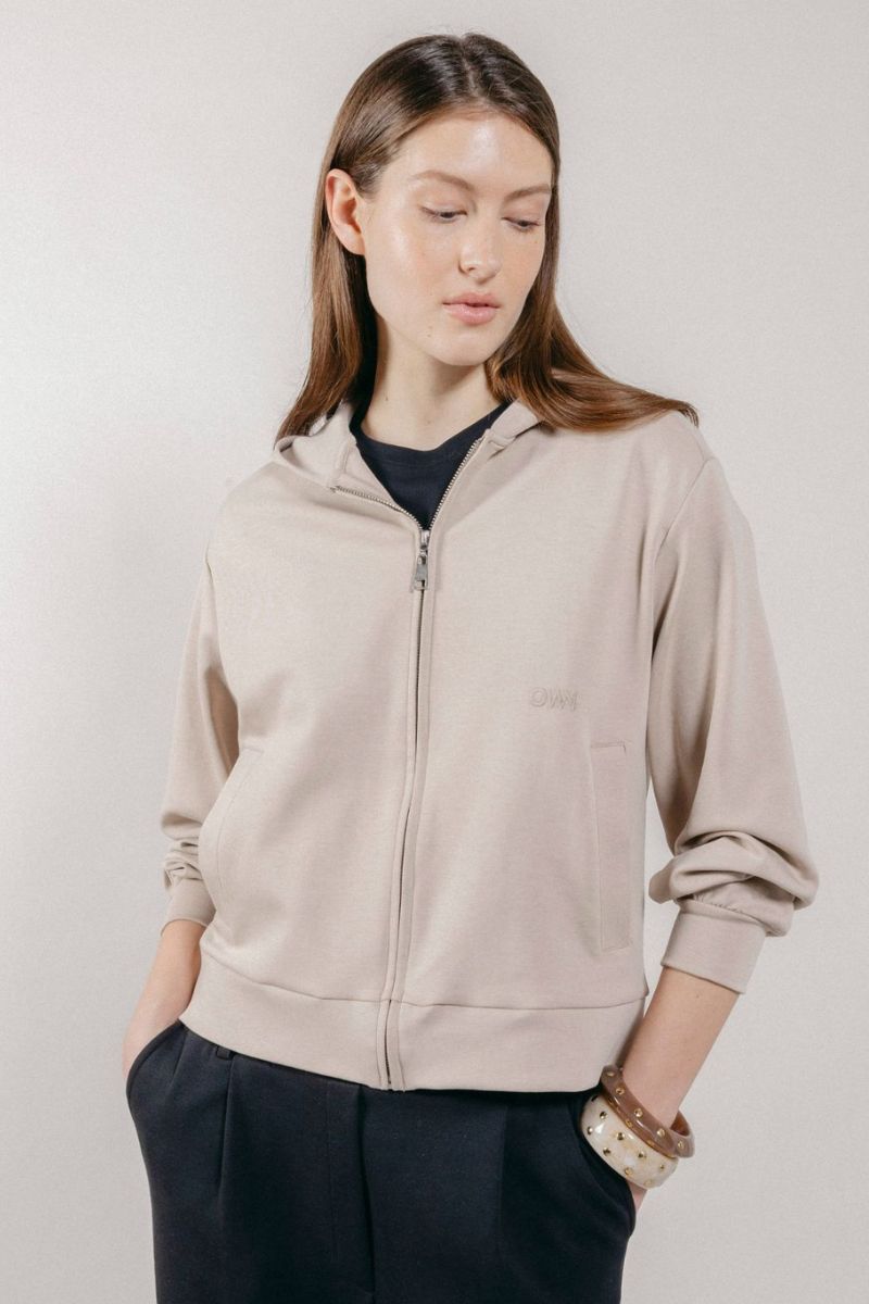 Felpa con Cappuccio e Zip in Interlock Beige