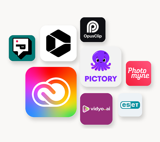 Una raccolta di loghi di app, tra cui Adobe Creative Cloud, OpusClip, Pictory, Photomyne, Vidyo.ai ed ESET, su sfondo bianco.