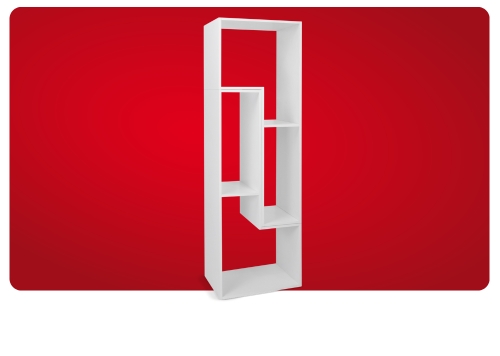 Tall white modern asymmetrical shelving unit with open cubby compartments against a solid red background
