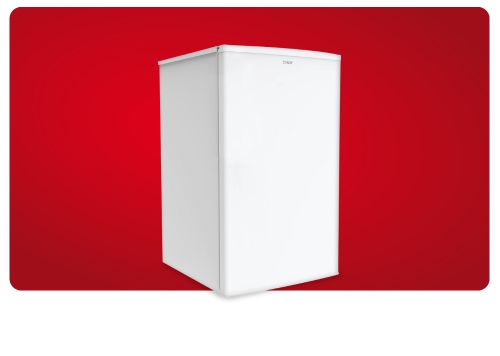 White compact single-door mini fridge on red background, freestanding under-counter fridge for office or dorm.