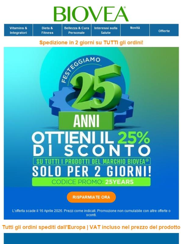 🎉 Celebra 25 anni di Biovea: Inizia ora il Saldo dell'Anniversario!