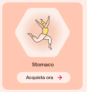 Illustrazione di una persona che salta con energia su sfondo pesca. Testo: &ldquo;Stomaco&rdquo;. In basso pulsante: &ldquo;Acquista ora&rdquo;.