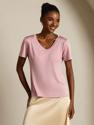 Image of T-Shirt Donna in Seta Pura con Collo a V e Maniche Corte
