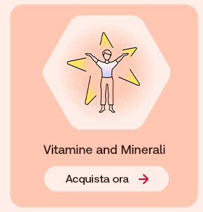 Illustrazione di una persona stilizzata circondata da simboli di energia su sfondo pesca. Testo: &ldquo;Vitamine and Minerali&rdquo;. In basso pulsante: &ldquo;Acquista ora&rdquo;.