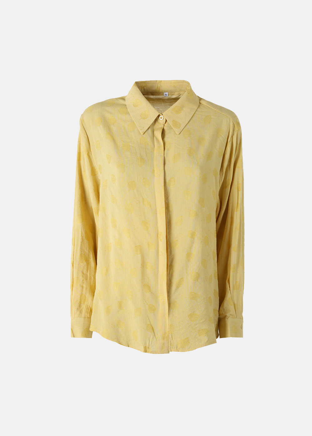 Yellow long-sleeved button-up blouse with pointed collar and subtle floral jacquard pattern