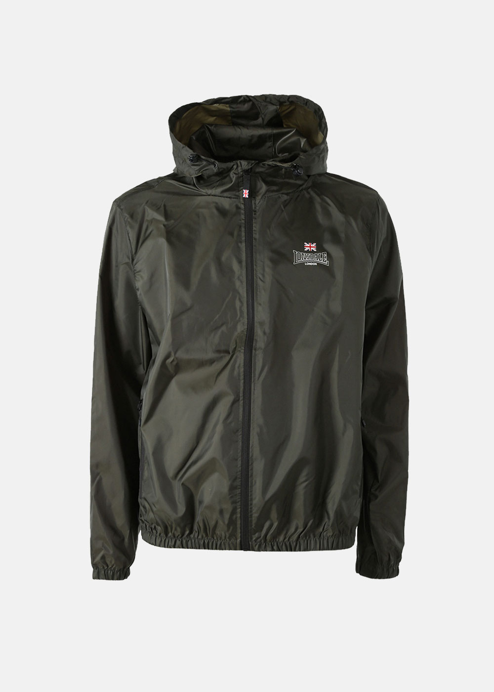 Dark olive waterproof hooded men's jacket, lightweight full-zip with elastic cuffs and hem, small chest logo