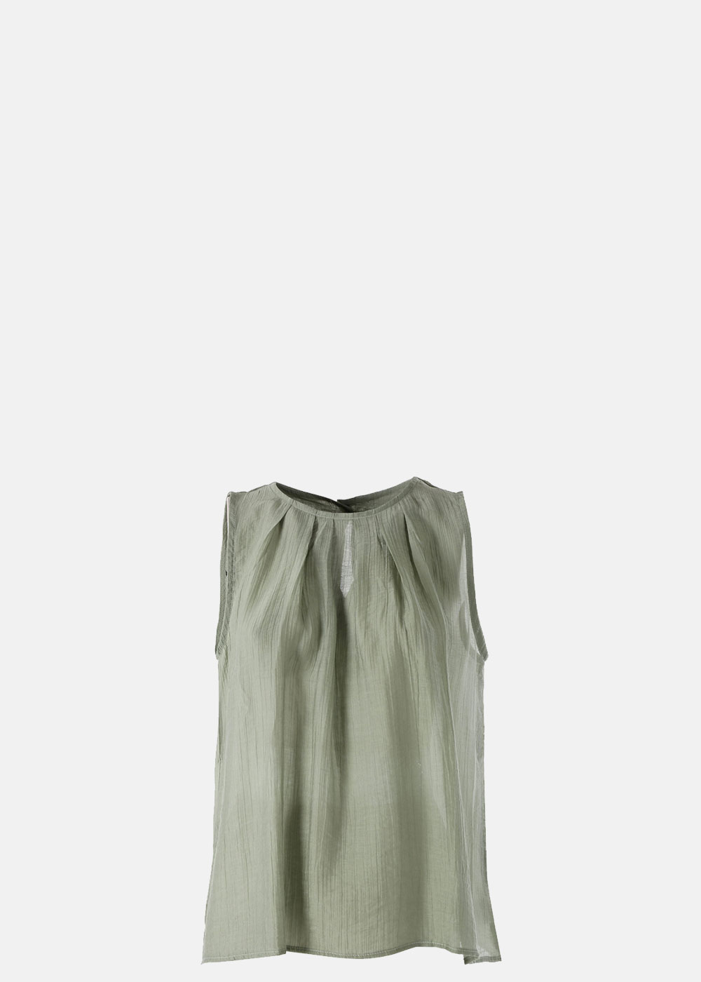 Sage-green sleeveless women’s blouse with round neckline and pleated lightweight crinkled fabric on white background