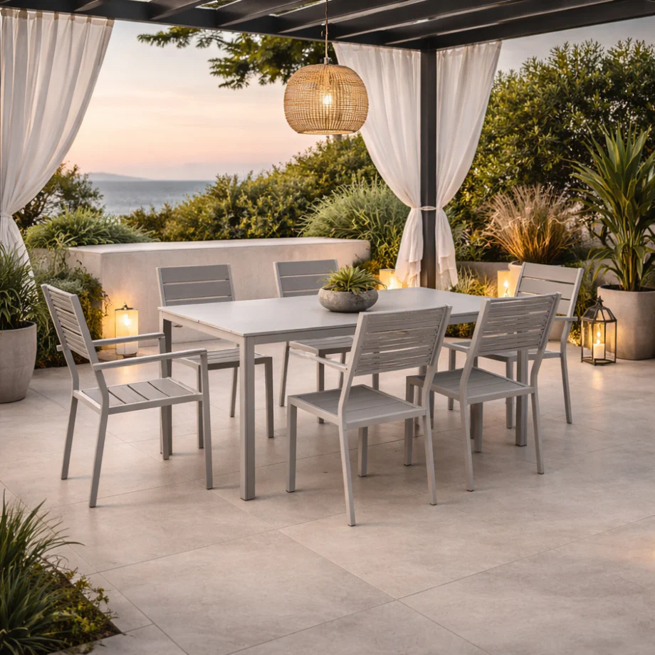 Set Tavolo e Sedie da Pranzo per Giardino Esterno 6 Posti Beige