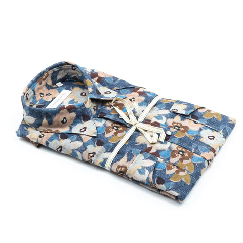 Camicia Fantasia Floreale Blu e Beige in Cotone