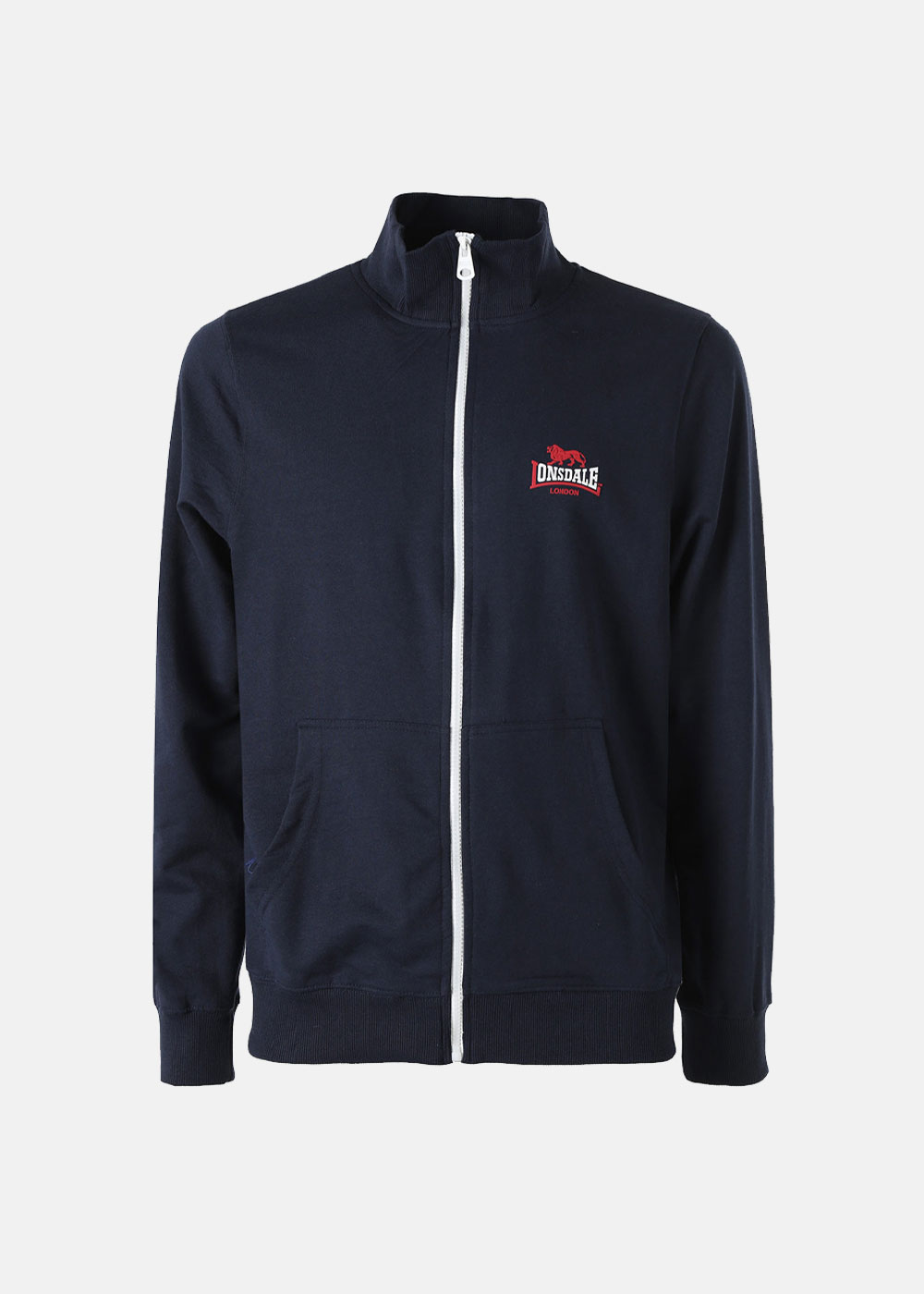 Navy Lonsdale full-zip track jacket with white zip, stand collar, kangaroo pockets and embroidered red logo