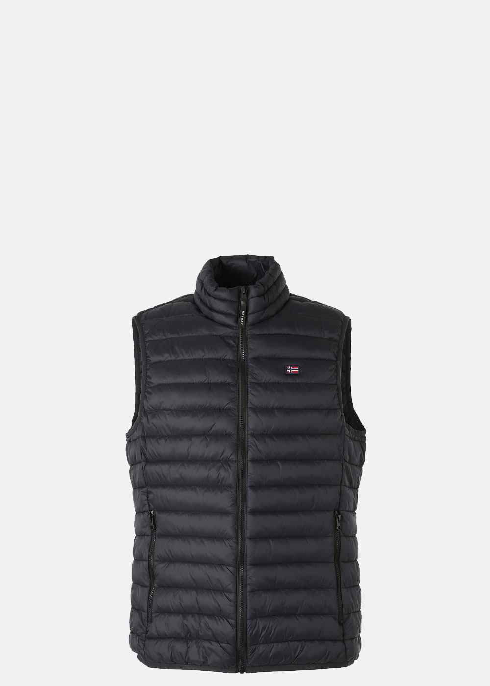 Men's black quilted puffer gilet with high collar, full front zip, side zip pockets and small flag logo on chest