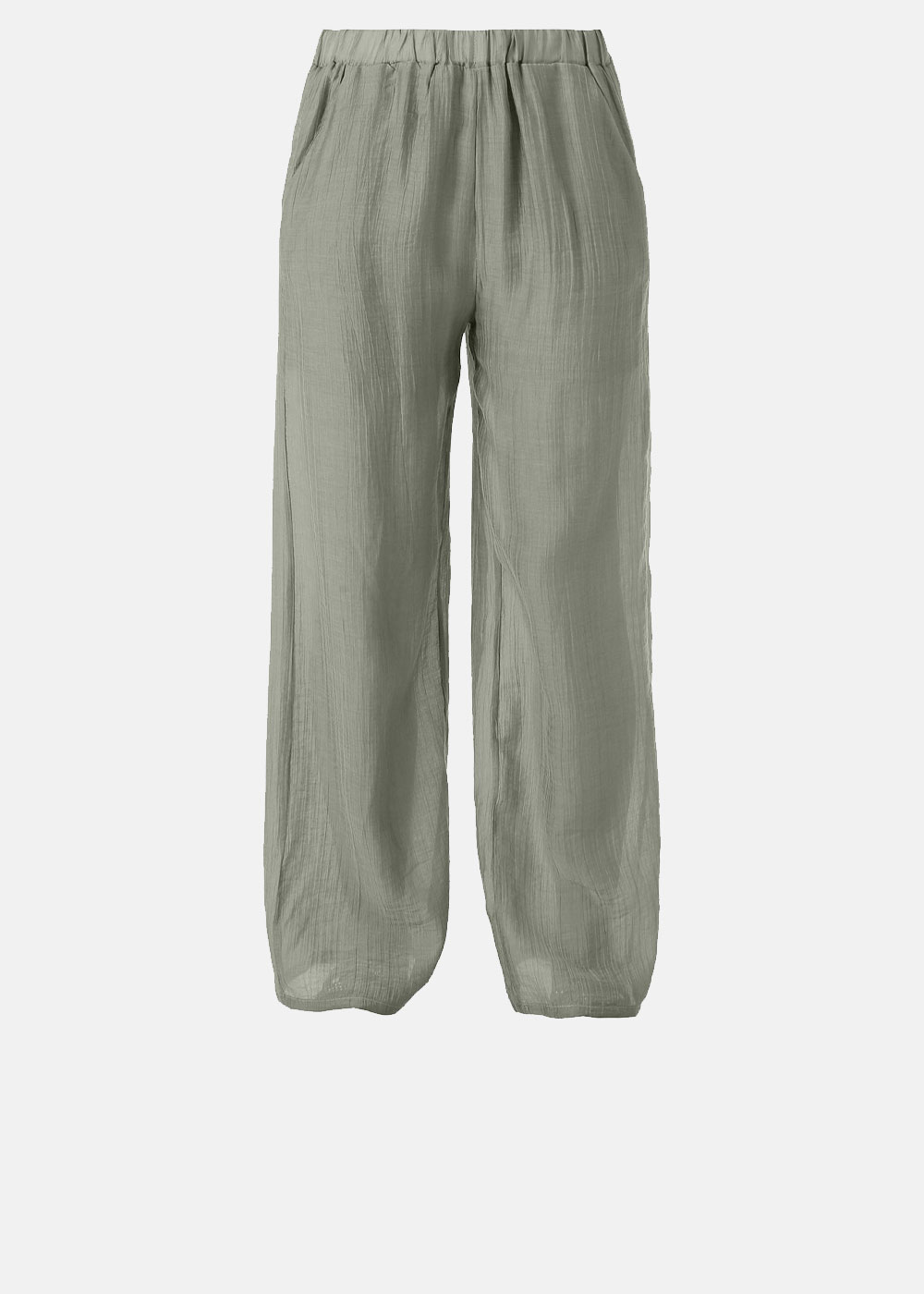 Light sage-green wide-leg women's linen trousers with elasticated waistband and side pockets