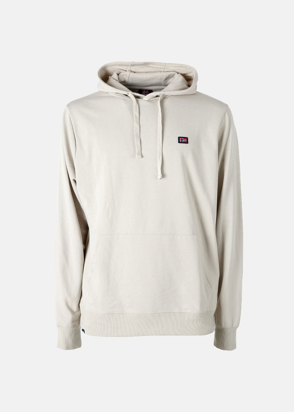Men's beige pullover hoodie front view with drawstring hood, kangaroo pocket and small navy-red flag chest patch on white background