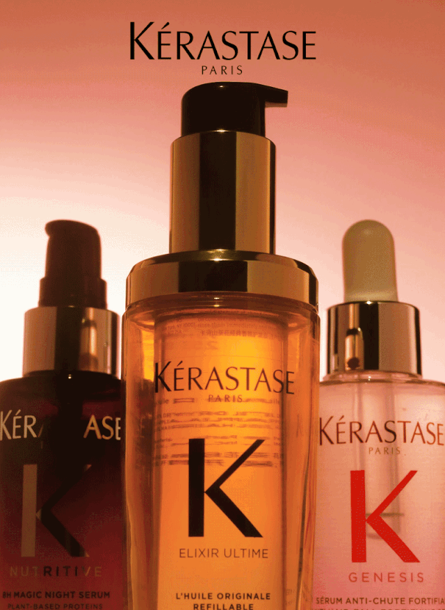 I tre prodotti iconici K&eacute;rastase: L'huile Elixir Ultime, il Siero G&eacute;n&eacute;sis Anti Caduta e il Siero Notte 8H. 