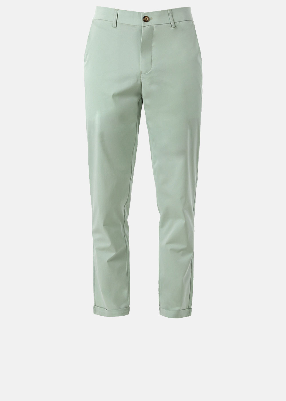 Light green slim-fit chinos with button waist, front pockets and cropped cuffed hems