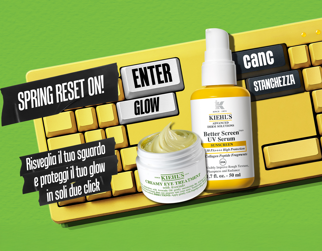 Flacone di Kiehl's Better Screen UV Serum SPF 50 posizionato sopra una tastiera gialla.