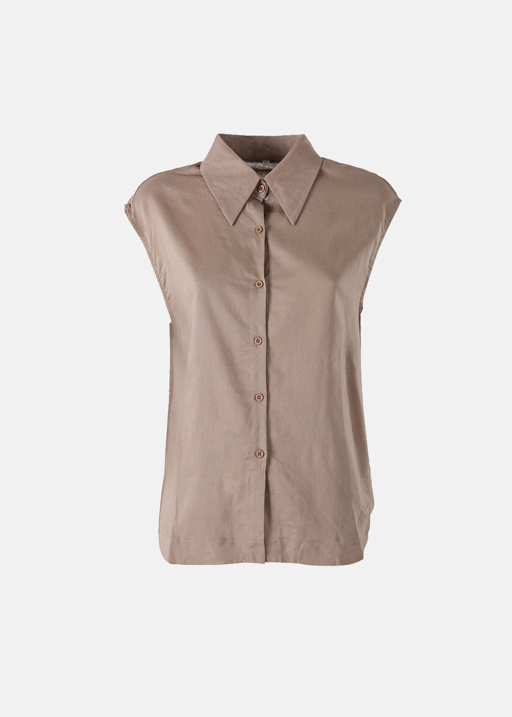 Women’s beige sleeveless button-up blouse with pointed collar and front buttons on plain white background
