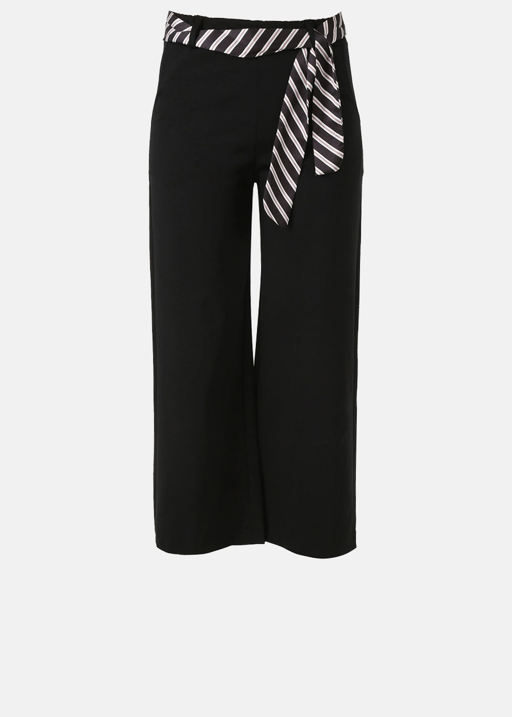 Black women's wide-leg trousers, high-waist front view with detachable black-and-white striped tie belt on plain background