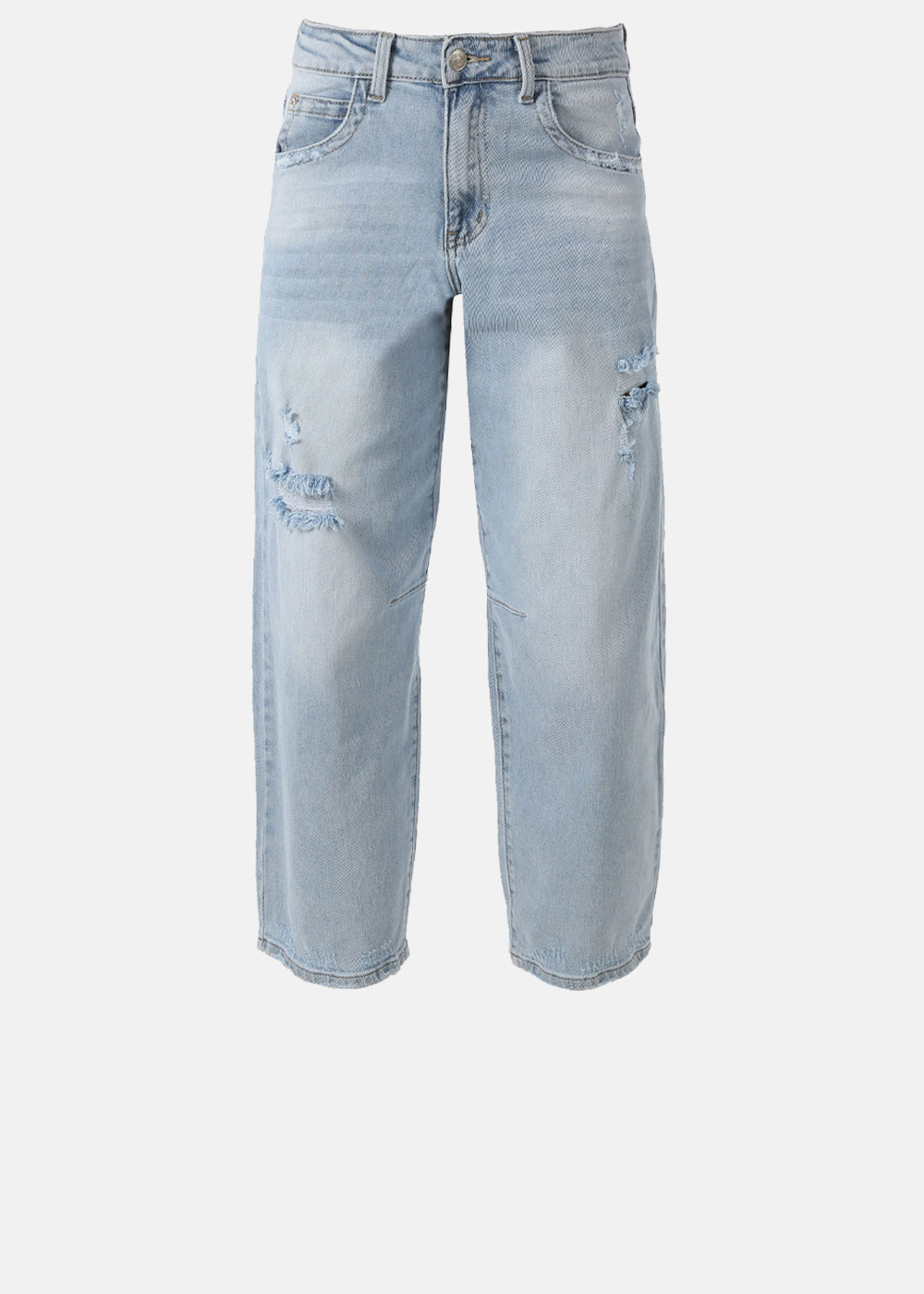 Light blue distressed high-waisted wide-leg cropped jeans, front view with frayed knee rips and five-pocket design