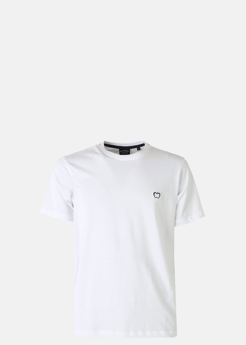Men's white cotton crew-neck short-sleeve T-shirt with small black heart outline logo on left chest, plain background