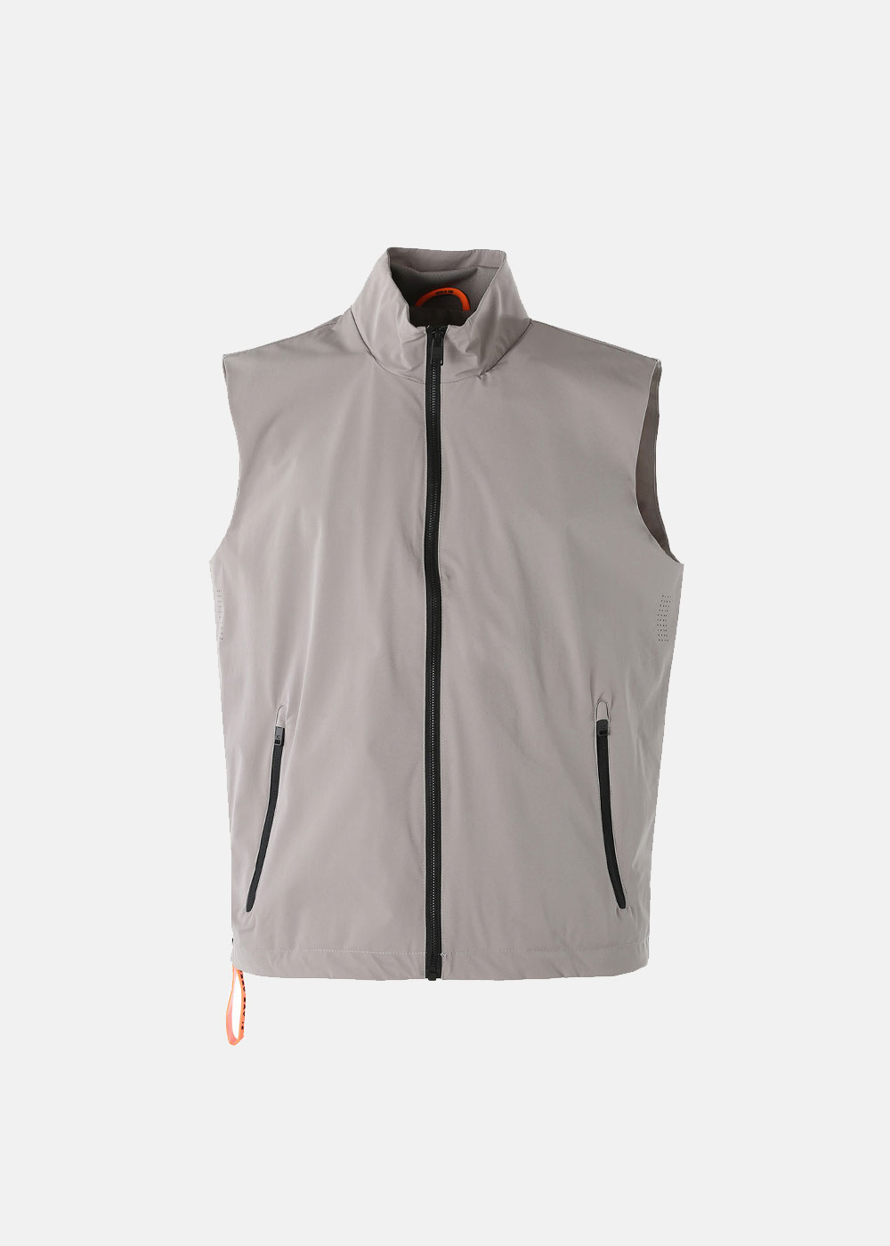 Light grey sleeveless technical vest with high collar, central black zip, two angled zip pockets and orange pull tab