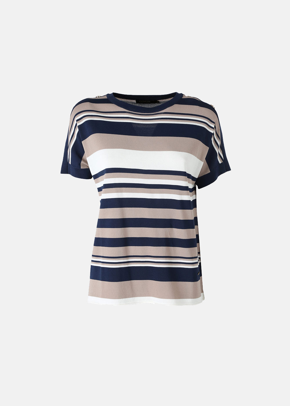 Women's striped short-sleeve top in navy, beige and white horizontal stripes, crew-neck casual t-shirt on plain background