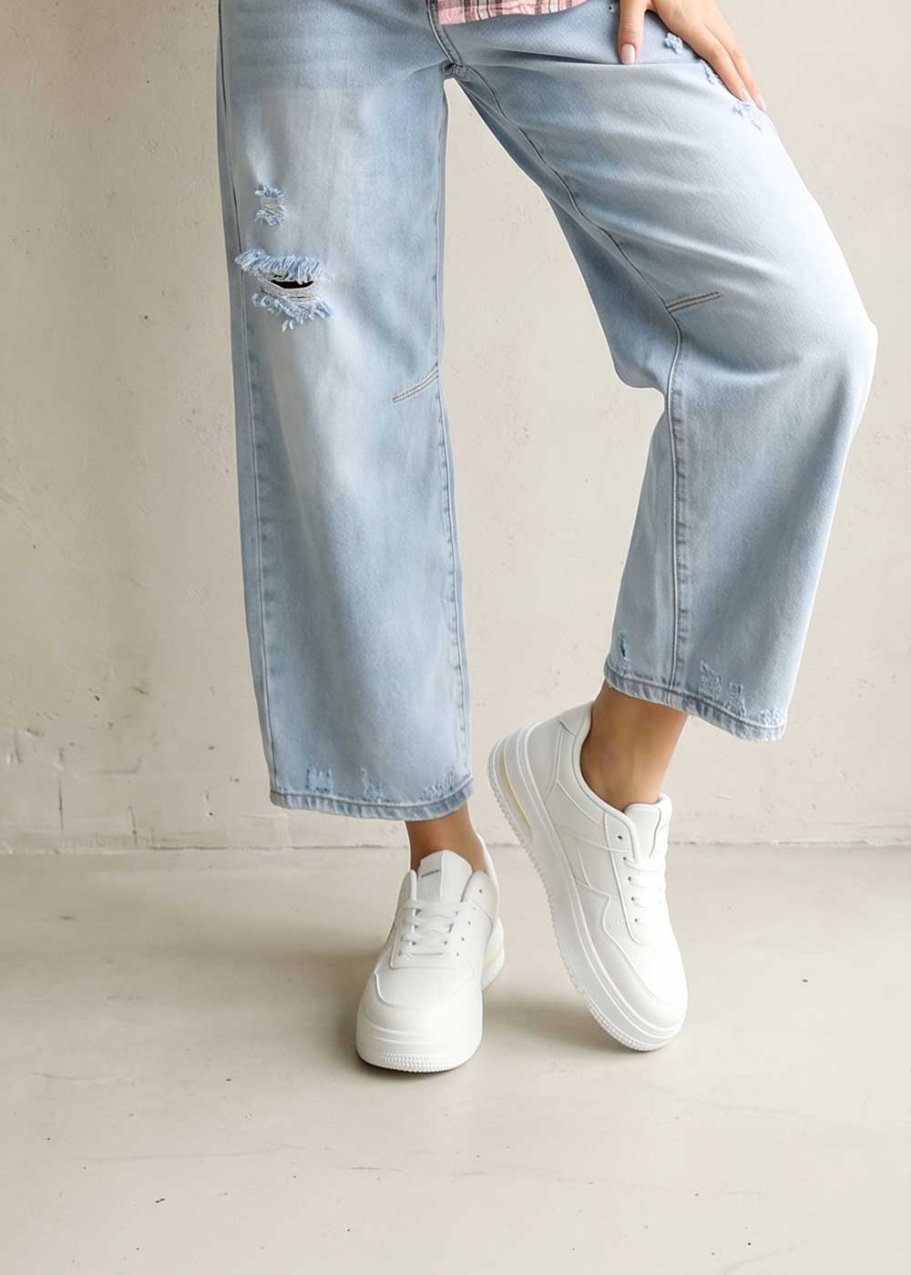 Lower legs of a person wearing light blue ripped wide-leg jeans and white trainers standing against a pale wall and floor