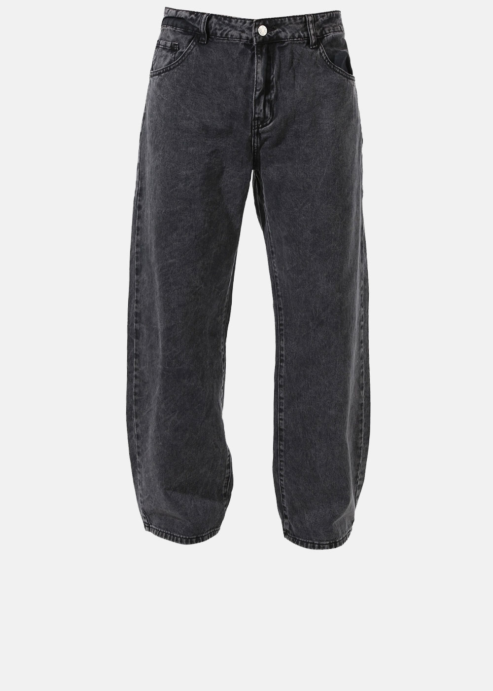 Charcoal washed baggy wide-leg denim jeans, high-rise with five-pocket styling and button closure