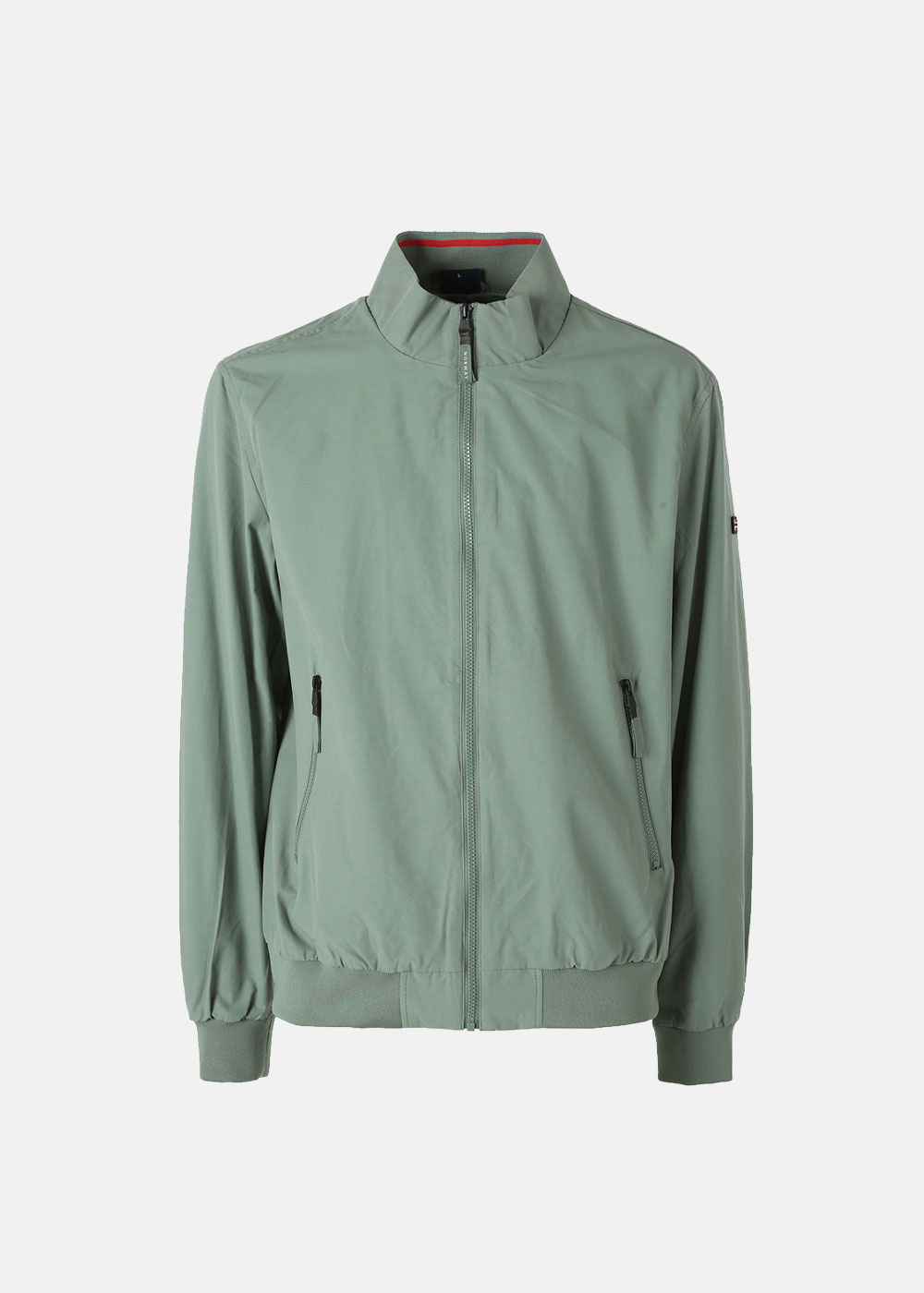 Sage-green men's lightweight zip-up bomber jacket with stand collar, two zip pockets and ribbed cuffs and hem, front view