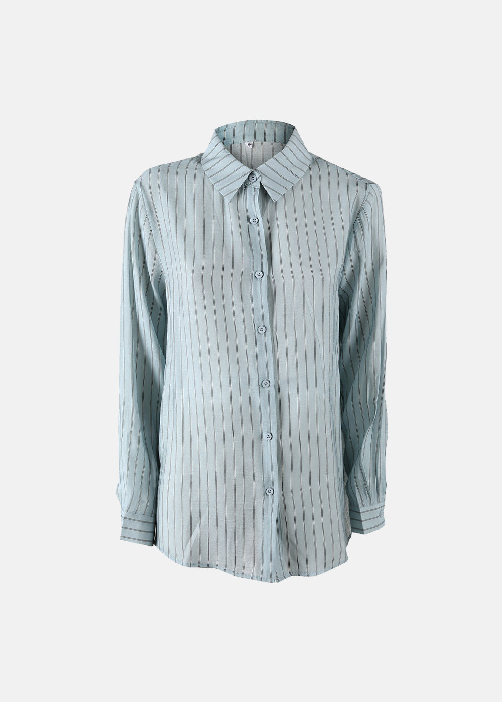 Light blue vertical-striped long-sleeve collared button-up shirt with cuffed sleeves