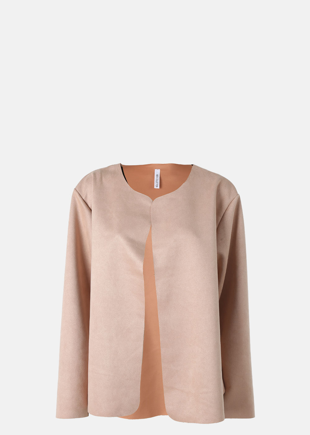 Beige suede collarless open-front women's jacket with long sleeves on a neutral background