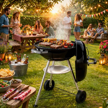 Barbecue a Carbone BBQ Griglia Acciaio con Coperchio Ruote Portacenere