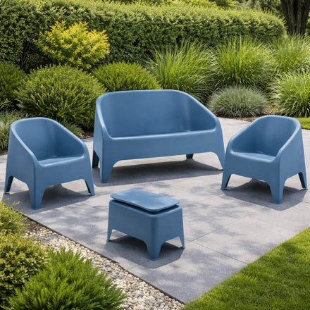 Set Salotto da Giardino Divano 2 Poltrone 1 Tavolino Contenitore Plastica Blu