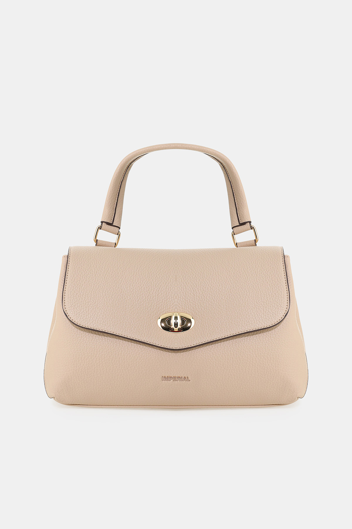 Beige leather top-handle handbag with gold turn-lock clasp, structured satchel style on white background