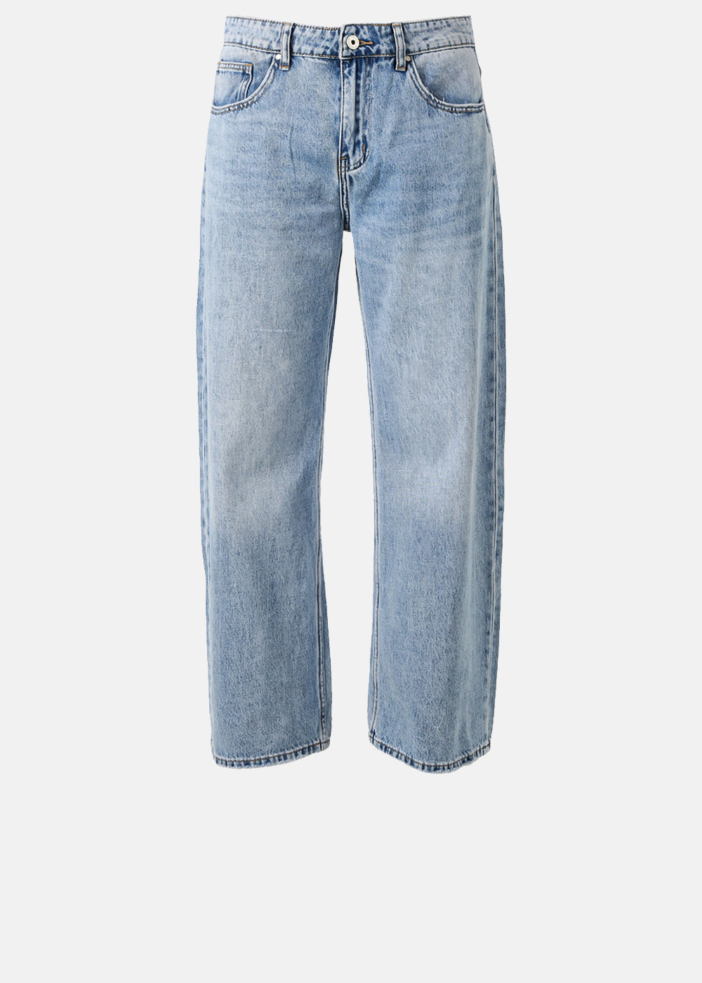 Light wash high-rise straight-leg women's jeans on white background — five-pocket denim with button & zip