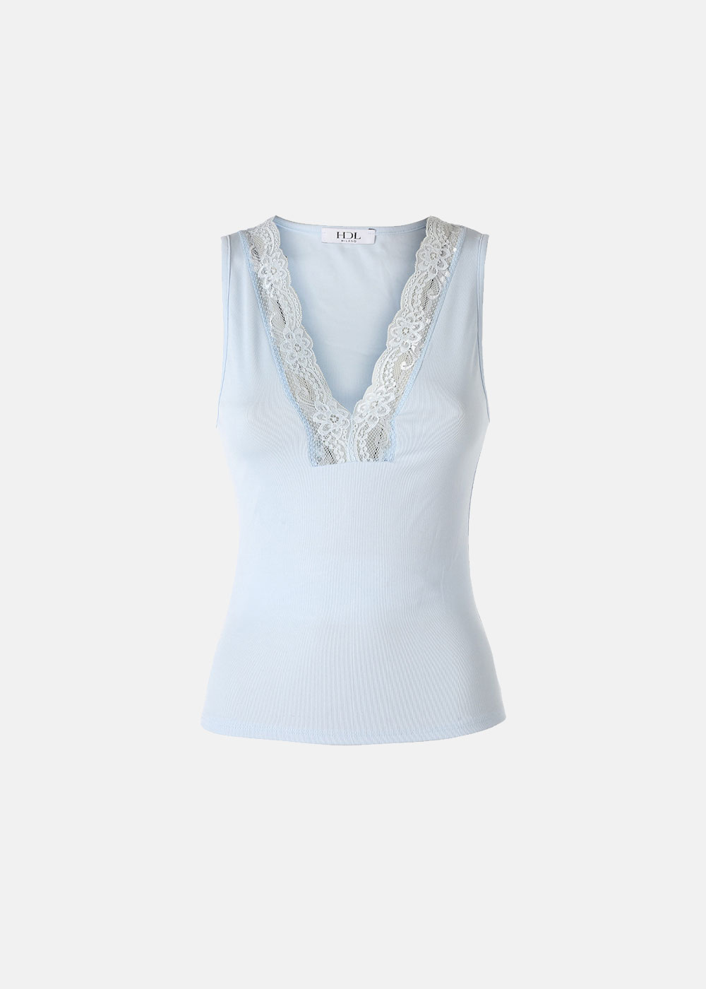 Pale blue women's sleeveless ribbed top with deep V-neck trimmed with scalloped white lace