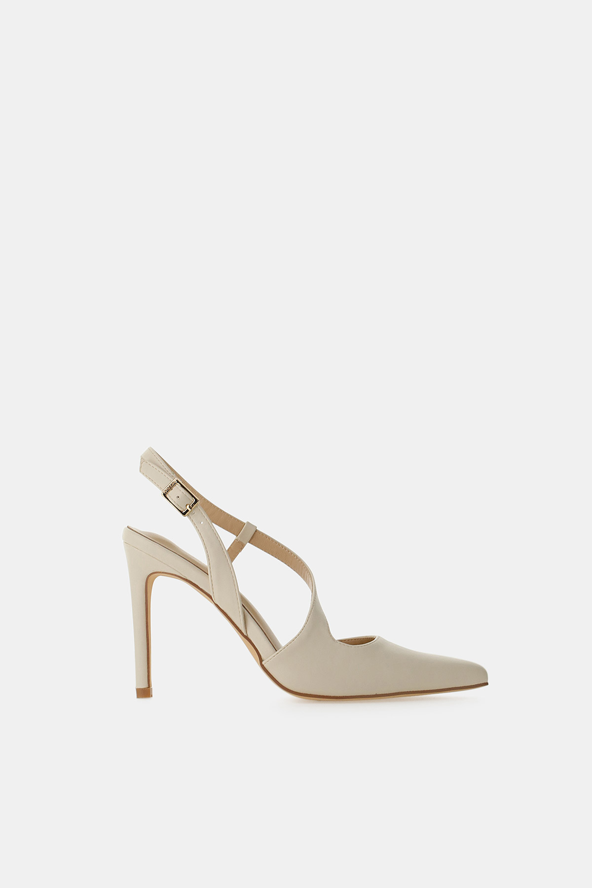 Beige leather pointed-toe slingback pump with cross straps and stiletto heel, side view on white background