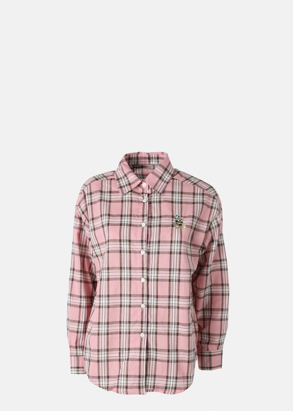 Pink checked long-sleeve button-up shirt with collar and small embroidered bee patch on chest, isolated on white background