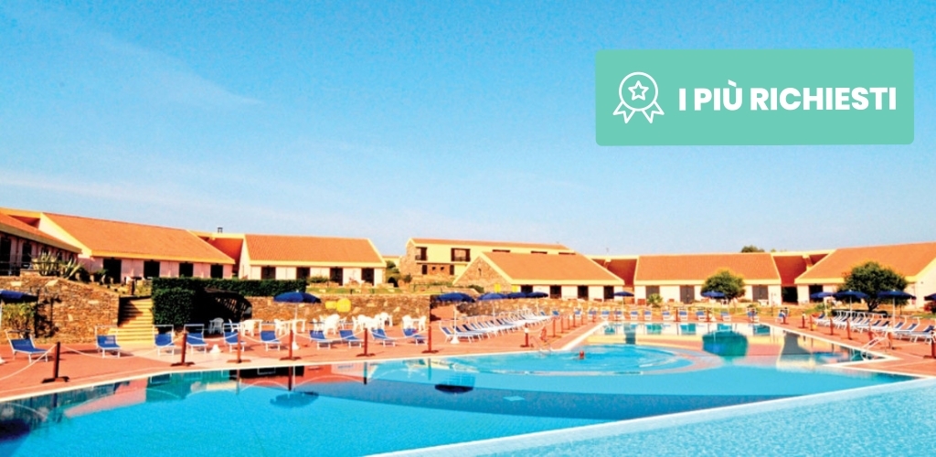 Resort swimming pool with clear blue water, rows of sunloungers, terracotta-roofed holiday villas under a bright sky and a promotional badge