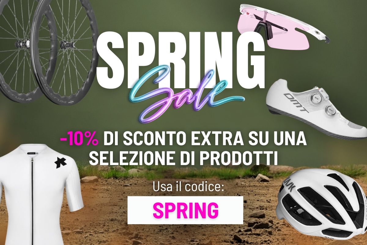 Promotional banner: Spring Sale cycling gear — helmet, shoes, wheels, jersey and sunglasses with code SPRING and -10% offer