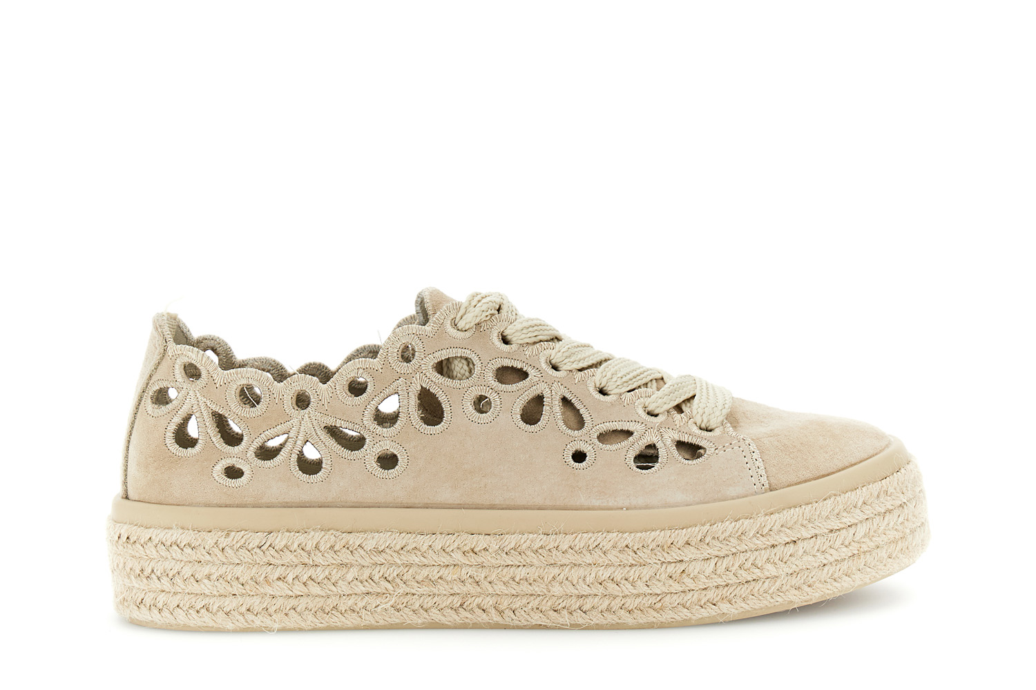 Image of sneakers allacciate in pelle con intagli laserati beige