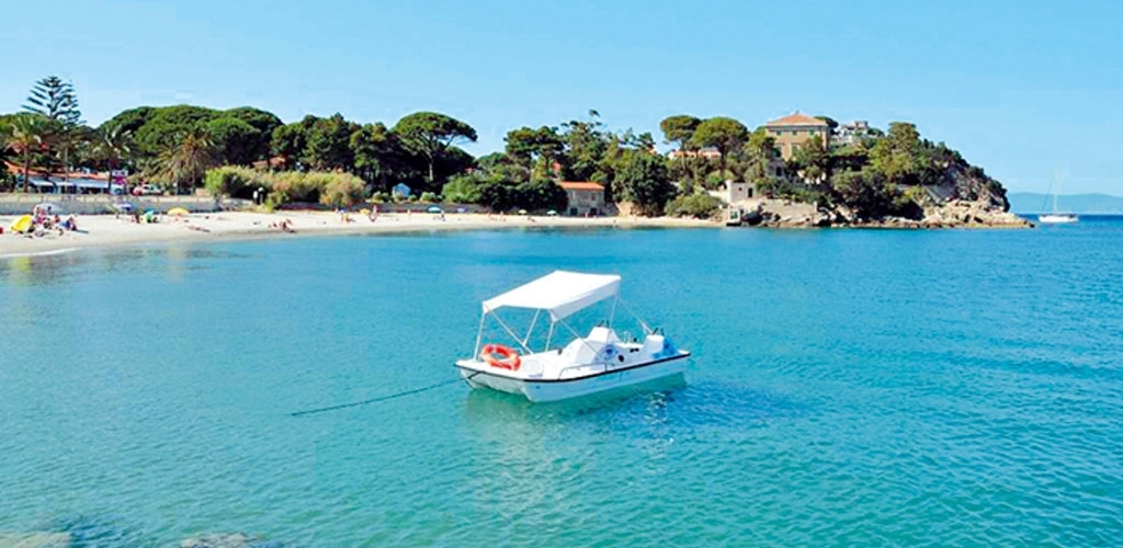 White motorboat with canopy anchored in turquoise sea off a sandy beach with trees and villas